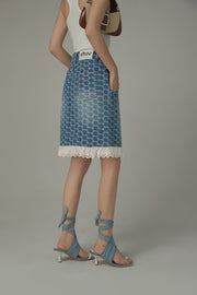 Heart Belted Lace Hem Shaped Pattern Denim Skirt