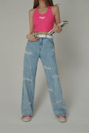 Embroidered Lettering Straight Jeans