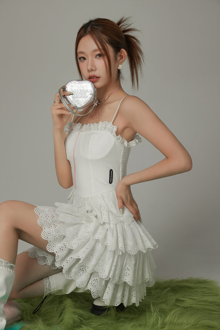 CHUU Lace Layered Ruffle Corset Strap Mini Dress