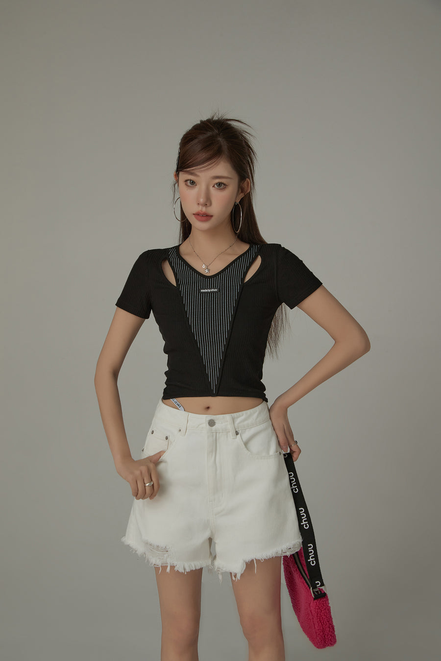 CHUU Slit Ribbed Center Stripes T-Shirt