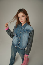 Tweed Sleeves Pocket Denim Jacket