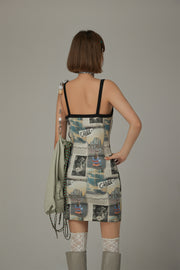 Logo Newspaper V-Neck Strap Mini Dress