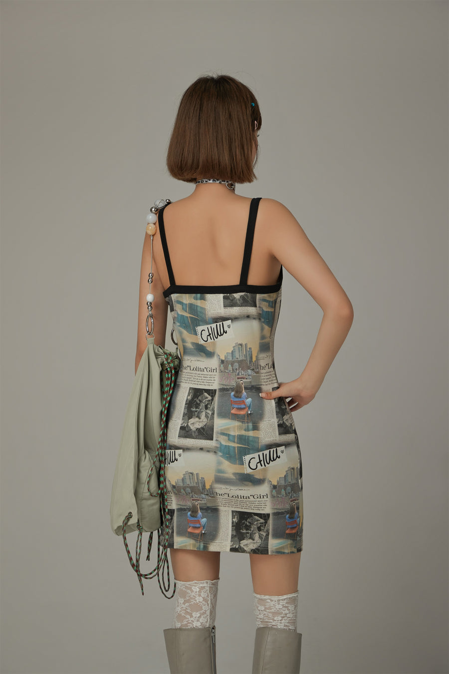CHUU Logo Newspaper V-Neck Strap Mini Dress
