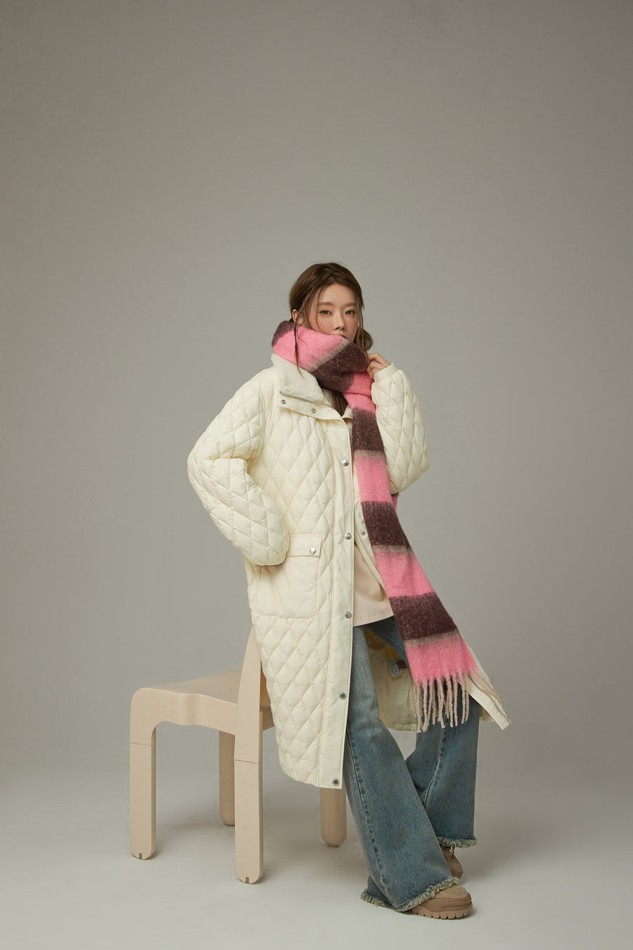 CHUU Collar Quilted Padded Long Coat