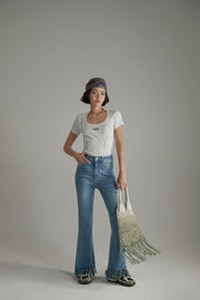 Fringe-Cut Hem Slim Denim Jeans