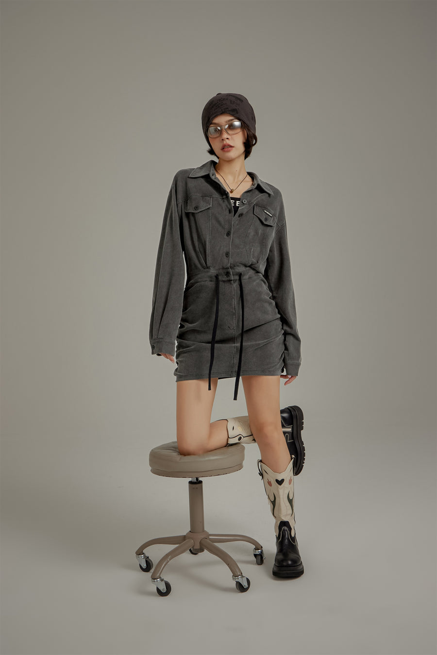 CHUU String Shirring Shirt Mini Dress