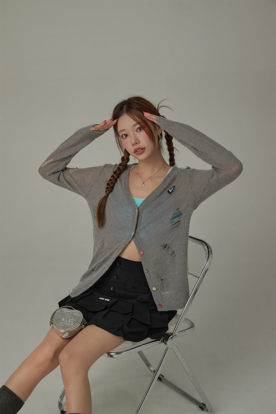 CHUU Distressed Heart Icon Rainbow Buttons Cardigan