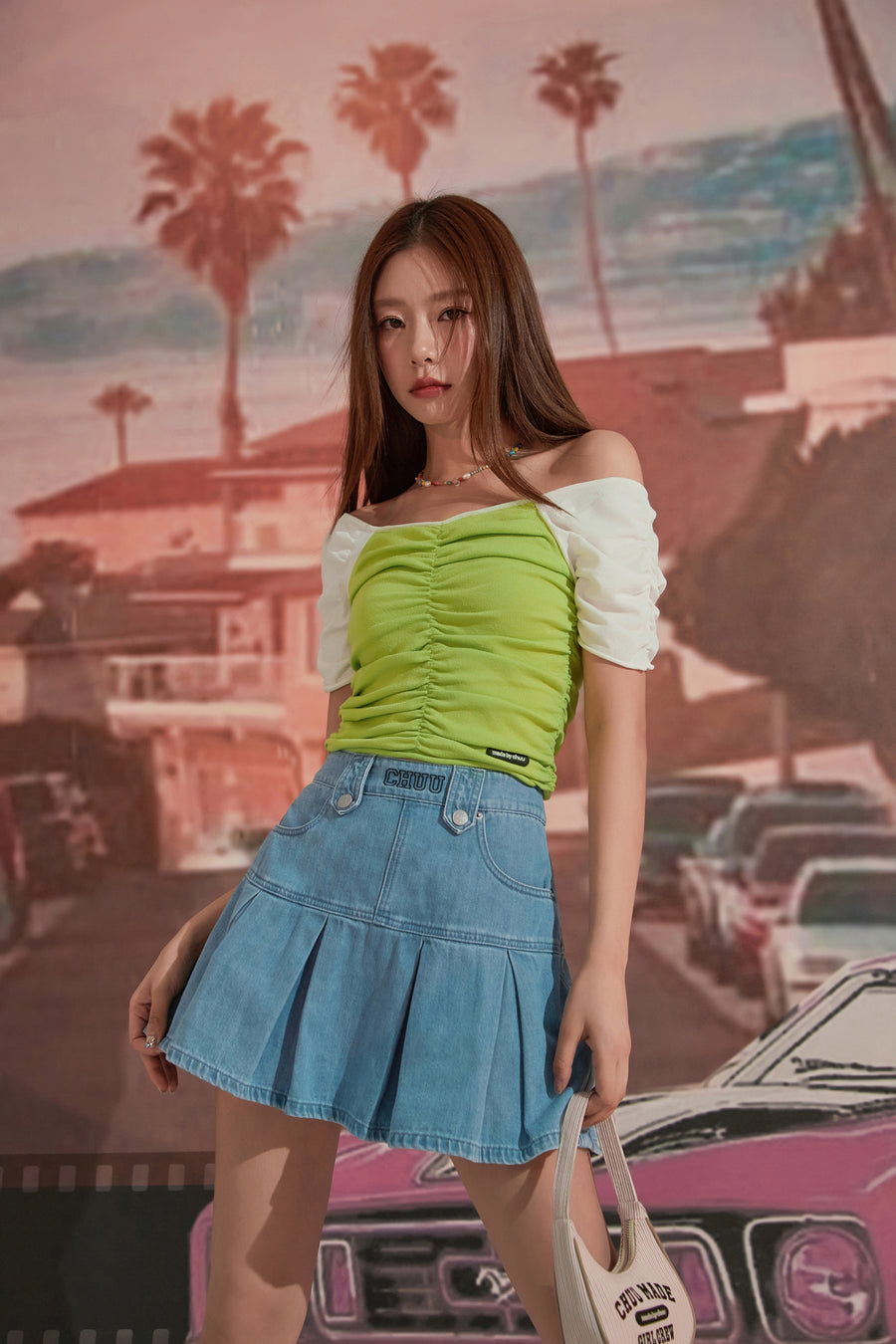 CHUU Off The Shoulder Shirred Knit Top