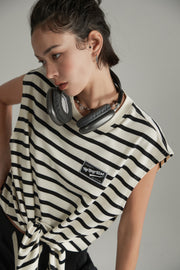 Striped Front Tie Loose Fit Sleeveless T-Shirt