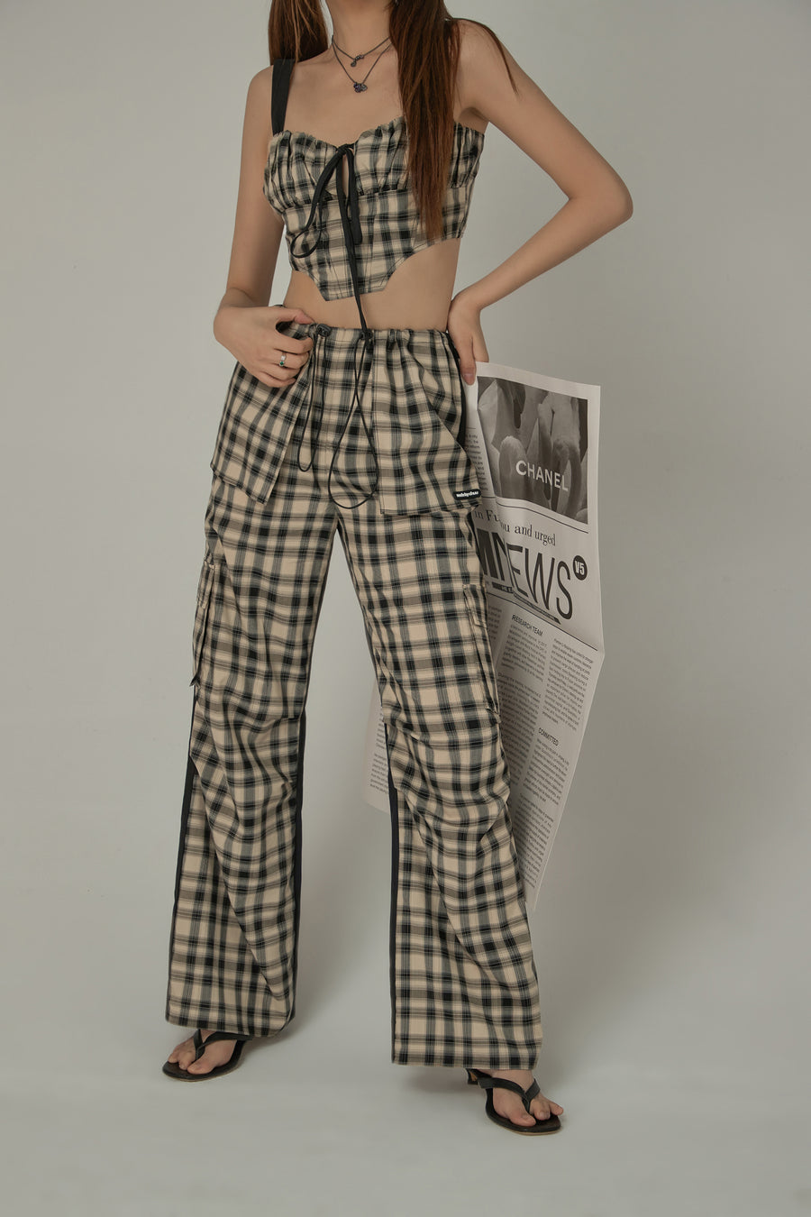 CHUU Checked Cargo Contrasting Color Casual Pants