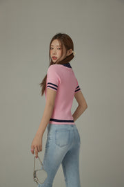 Open Collar Color Combination Knit Top