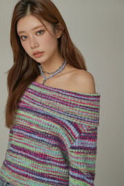 Off-Shoulder Color Stripe Knit Sweater