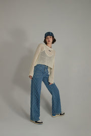 Vintage Argyle Pattern Wide Denim Jeans