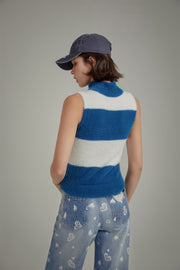 Half Zip-Up Color Stripe Sleeveless Top