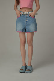 Color Line Button Denim Shorts