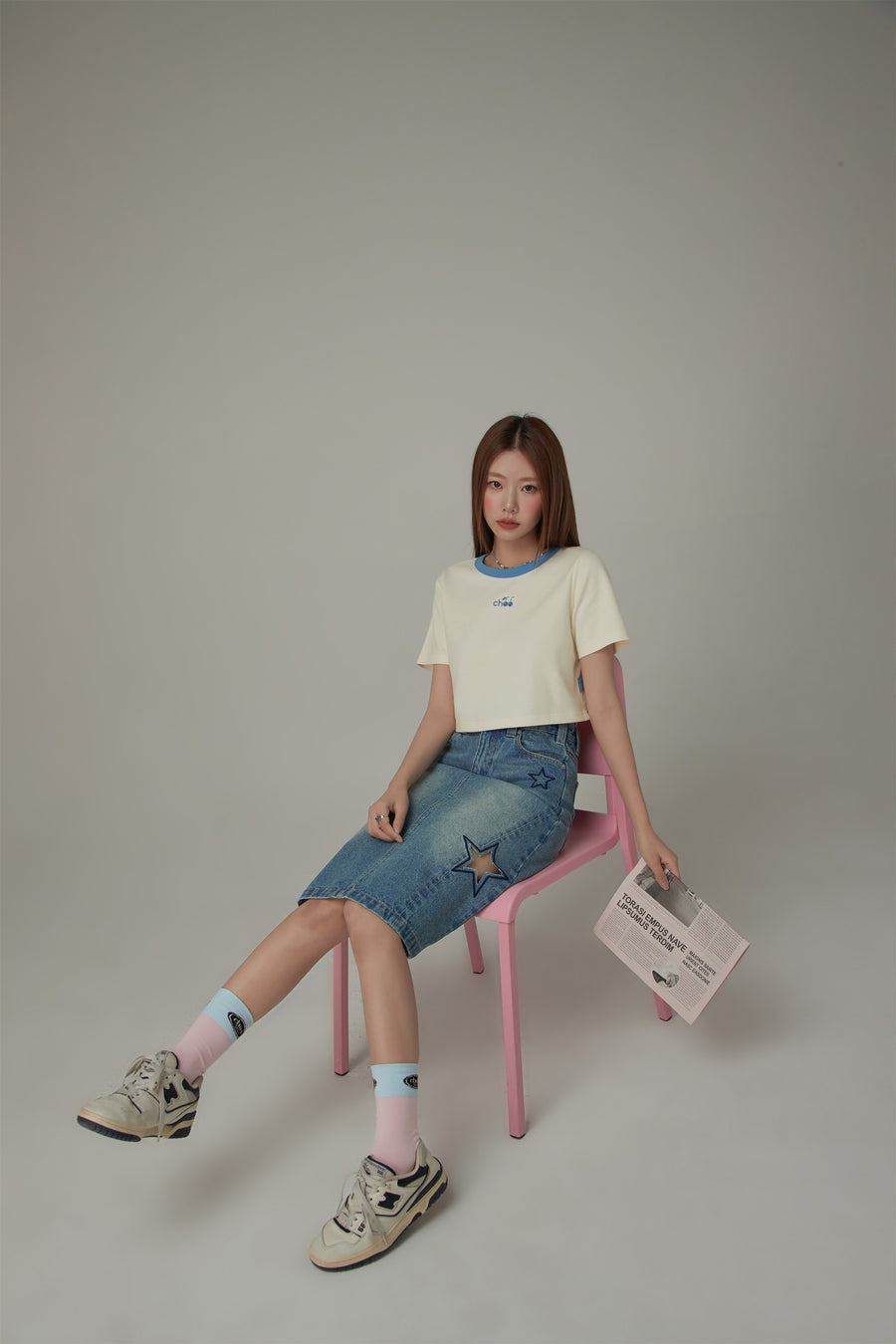 CHUU Hollow Star Washed Denim Medium Length Skirt