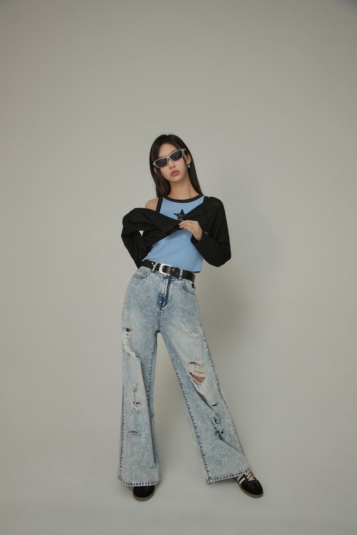 Distressed Straight Wide-Leg Denim Jeans