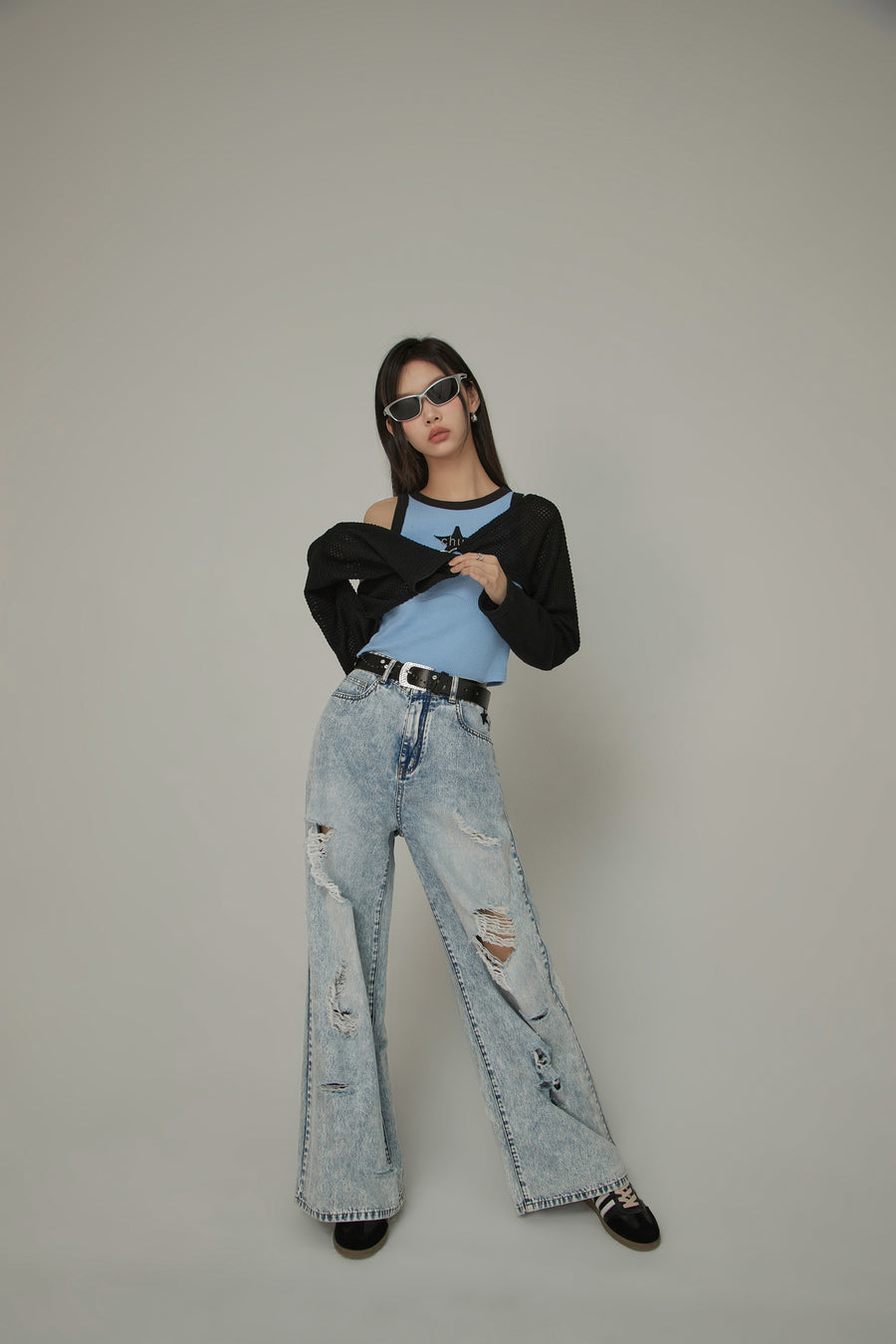 CHUU Distressed Straight Wide-Leg Denim Jeans