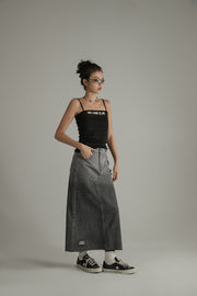 High Waist Embroidered Long Ripped Denim Skirt