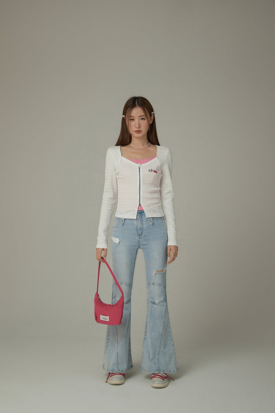 CHUU Cherry Embroidered Logo Zip-Up Top