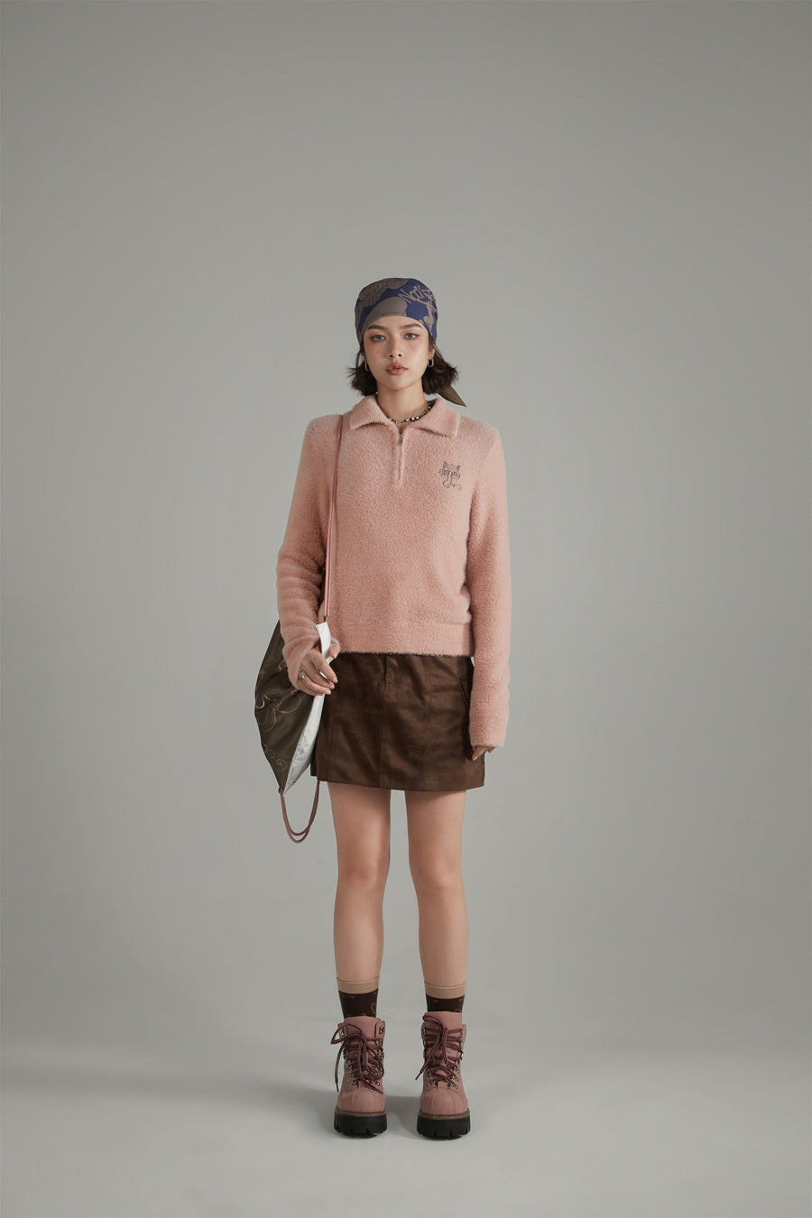 CHUU Mushroom Half Zip-Up Knit Sweater