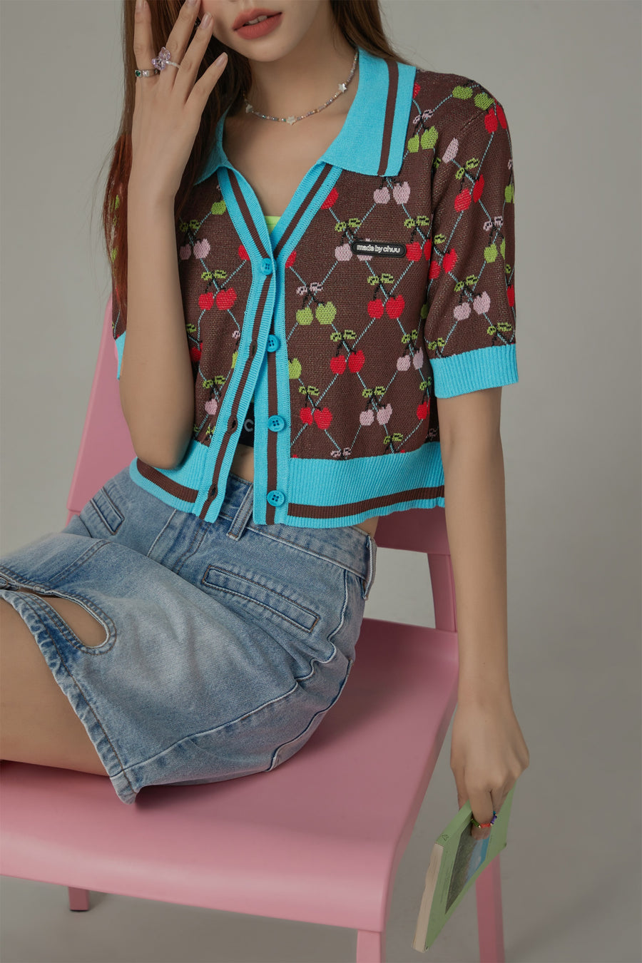 CHUU Cherry Argyle Colored Short Sleeve Knit Cardigan