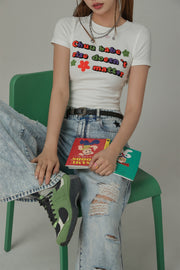 Size Doesnt Matter Colorful Embroidered Slim Crop T-Shirt