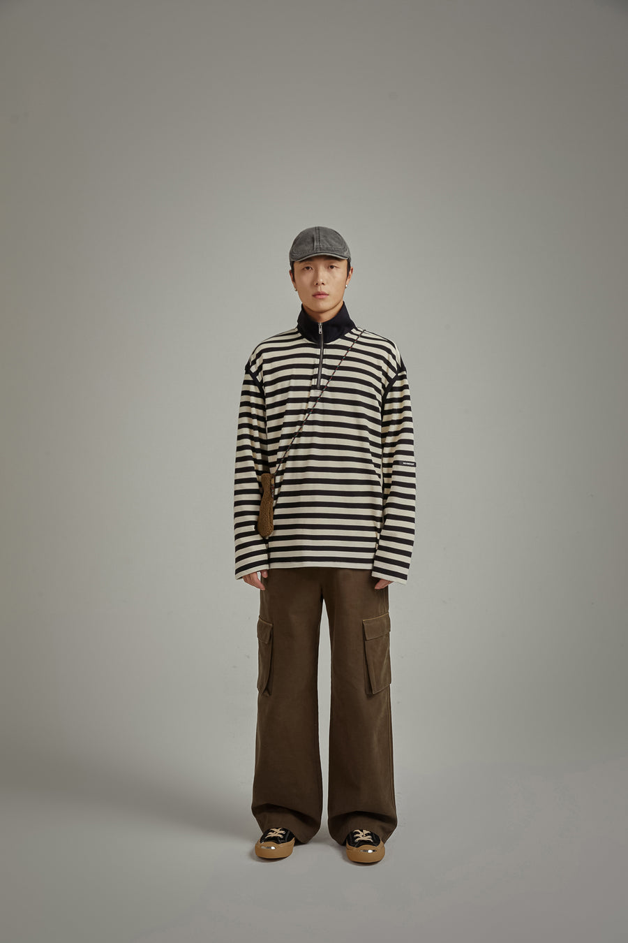 CHUU High Neck Half Zip Stripe Sweater