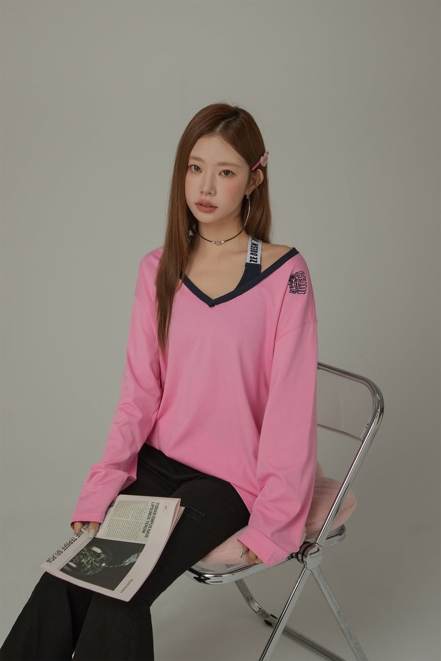 CHUU Color V Neck Loose Fit Long Sleeve Basic T-Shirt