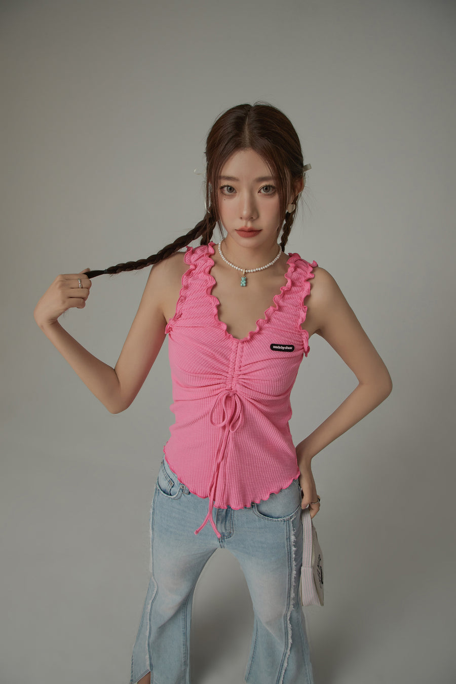 CHUU Ruffle Shirring Sleeveless Top