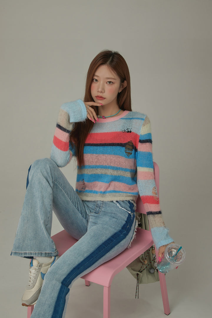 Rainbow Crop Ripped Stripe Knit Sweater