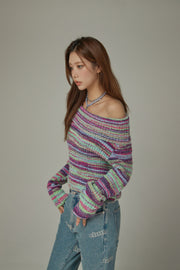 Off-Shoulder Color Stripe Knit Sweater