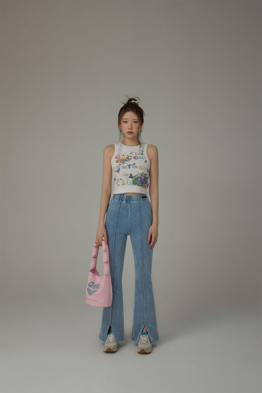 CHUU Elastic Waist Slit Semi Bootcut Pants