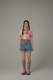 Chuu Lettering Half Striped Colorblocked Knit Crop Top