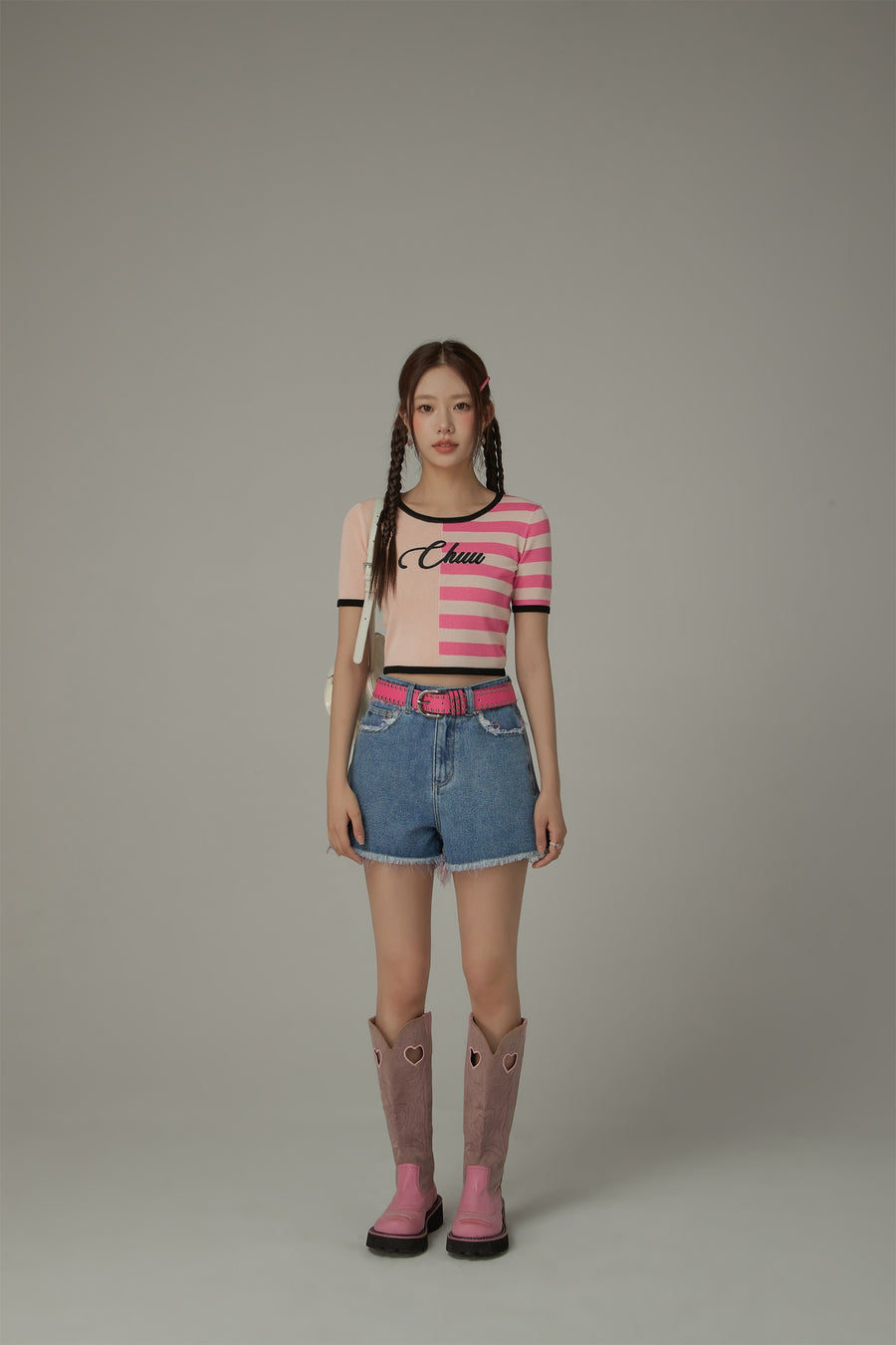 CHUU Chuu Lettering Half Striped Colorblocked Knit Crop Top