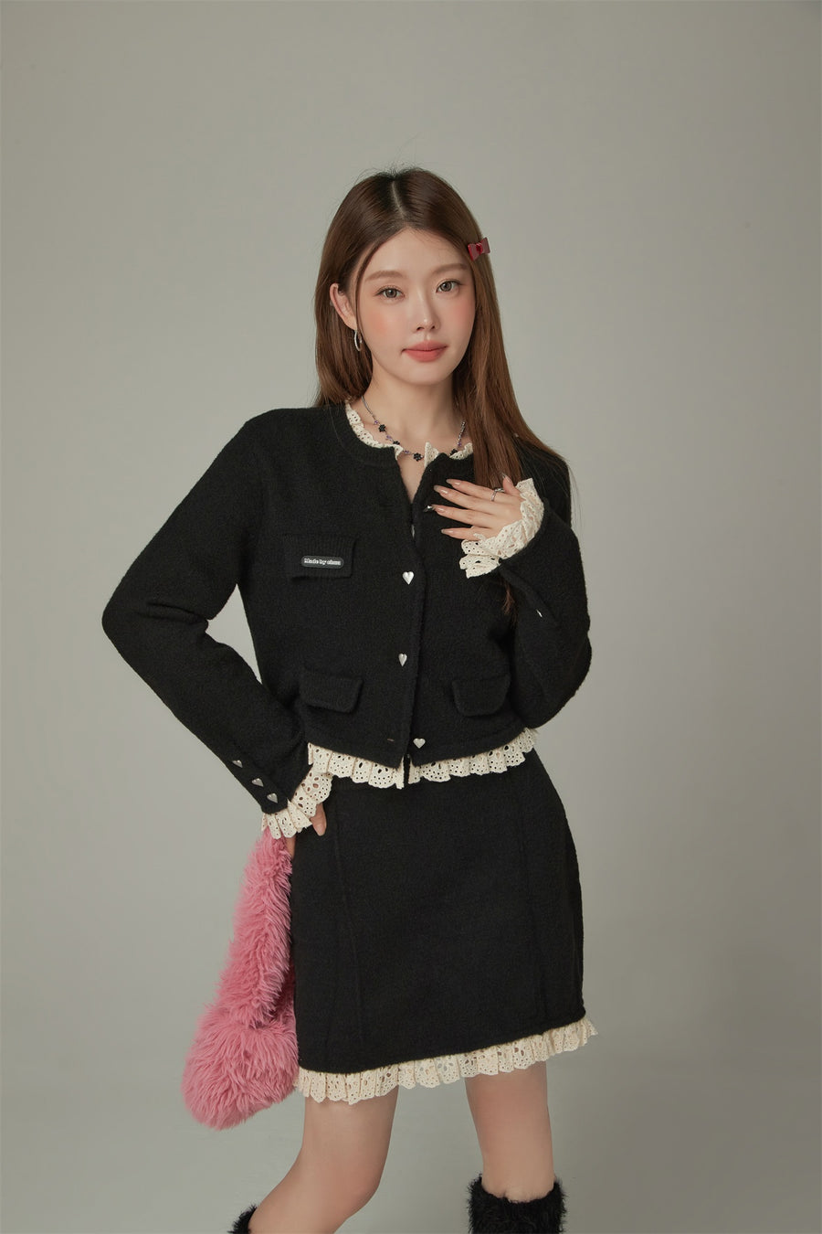 CHUU Lace Heart Button Cardigan