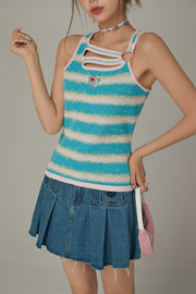 Stripe Split Sleeveless Cut Out Top