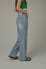 Colorful Heart Embroidered Denim Straight Wide Jeans