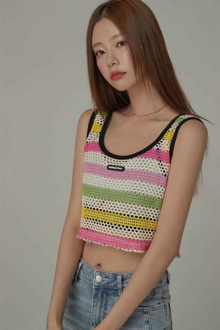 CHUU Crochet Mesh Colorblocked Crop Top