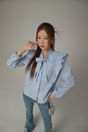 Logo Tie Ruffle Striped Blouse