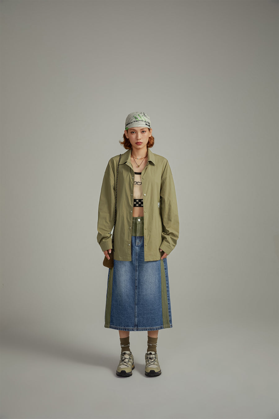 CHUU Two Toned Long Denim Skirt