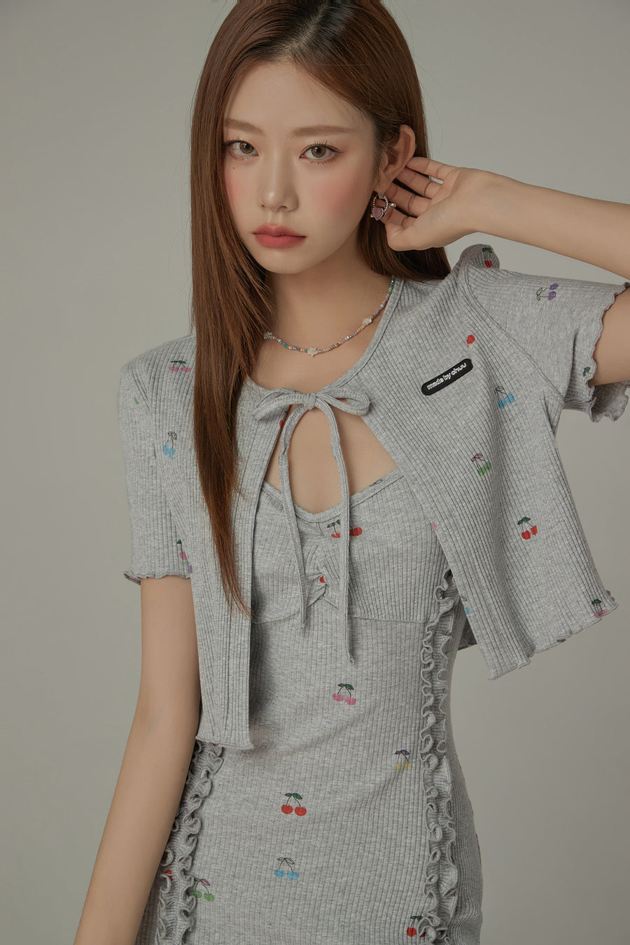 CHUU Cherry Ribbon Tie Short Sleeve Cardigan