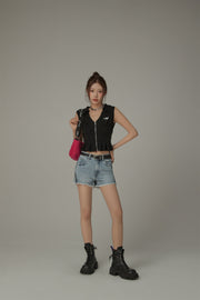 Fringed Hem Side Zippers Denim Shorts