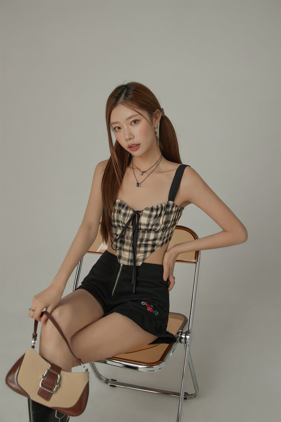 CHUU Check Ribbon Sleeveless Bustier Top