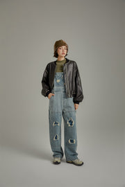 Knee Damaged Denim Overalls