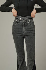 Criss Cross Belt Two Toned Bootcut Denim Pants