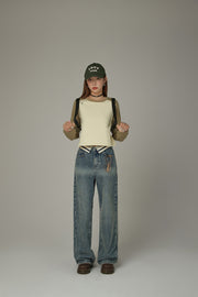 Color Matching Folded Waist Wide Denim Jeans