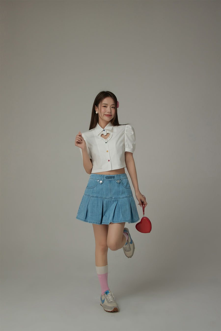 CHUU Denim Pleated Zipper Mini Skirt