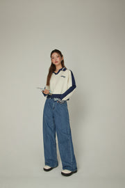 Logo Folded Waist Straight Denim Jeans