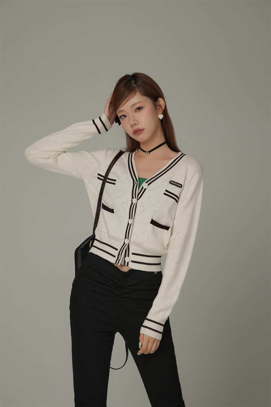 CHUU Heart Hole Pattern Knit Cardigan